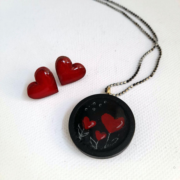 Stud earrings “Mini hearts”. - ξύλο, ζωγραφισμένα στο χέρι, καρδιά, καρφωτά, κοσμήματα - 4