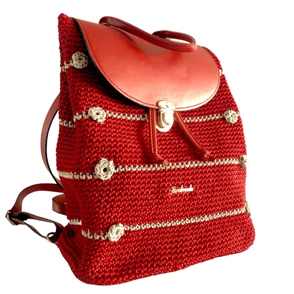 Χειροποίητη κόκκινη πλεκτη τσάντα πλάτης με καπάκι - 28*36 εκ. - πλάτης, all day, δερματίνη, πλεκτές τσάντες