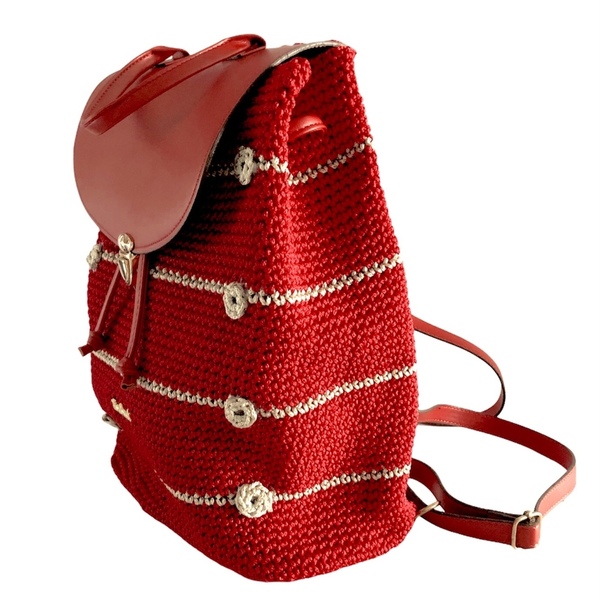 Χειροποίητη κόκκινη πλεκτη τσάντα πλάτης με καπάκι - 28*36 εκ. - πλάτης, all day, δερματίνη, πλεκτές τσάντες - 3