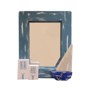 Καθρέπτης τοίχου ξύλινος χειροποίητος Νησιώτικα σπίτια με καράβι 16x20x4 Πετρόλ Καπαδάκης - ξύλινα διακοσμητικά τοίχου, χειροποίητα, διακόσμηση, ζωγραφισμένα στο χέρι