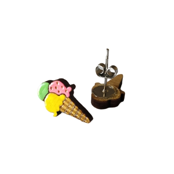 "Χωνάκια παγωτό!" - Σκουλαρίκια από ξύλο - πρωτότυπο, καθημερινό, καρφωτά, μικρά, κοσμήματα - 2