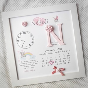 Kαδράκι με στοιχεία γέννησης Ξύλινο 35x35 Θέμα Ελεφαντάκι ροζ, πήλινα λουλούδια, δώρο για νεογέννητο - κορίτσι, αγόρι, δώρο γέννησης, ενθύμια γέννησης - 2