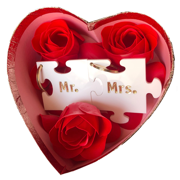 Μπρελόκ plexiglass λευκό παζλ MR & Mrs με χρυσά γράμματα σε κουτί καρδία με αρωματικά ψεύτικα τριαντάφυλλα - καρδιά, τριαντάφυλλο, μπρελόκ, mr & mrs - 2