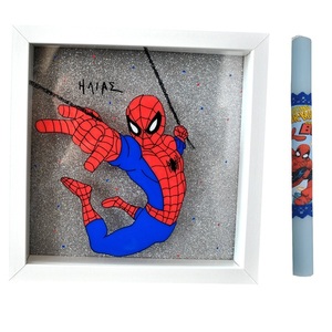 Σετ 2 τμχ Λαμπάδα 30cm και Ξύλινο Φωτιστικό Καδράκι Spiderman - αγόρι, λαμπάδες, για παιδιά, για μωρά, προσωποποιημένα