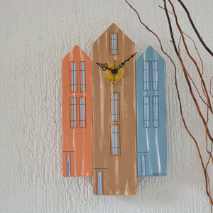 Ρολόι τοίχου ξύλινο χειροποίητο 3 σπίτια 24x40x4 Πολύχρωμο Καπαδάκης - ξύλο, ζωγραφισμένα στο χέρι, διακόσμηση, τοίχου, χειροποίητα - 2