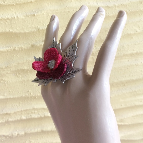Μεγάλο δαχτυλίδι "Knit Metal" πλατανόφυλλο με λουλούδι - αλπακάς, βελονάκι, λουλούδι, boho, μεγάλα, αυξομειούμενα, φθηνά - 4