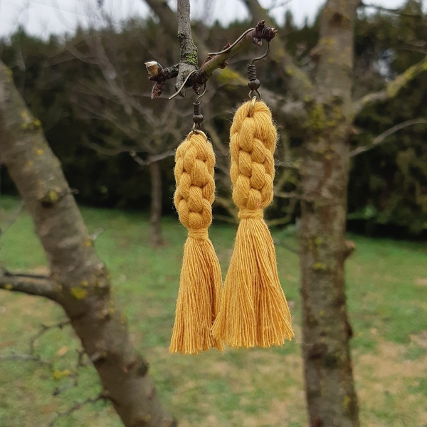 Crown knot earrings - mustard - μακραμέ, κρεμαστά - 4