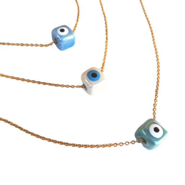 Κολιέ κύβος επισμαλτωμένος κεραμικός - μάτι με αλυσίδα σε χρυσό χρώμα - charms, μάτι, ατσάλι, κύβος