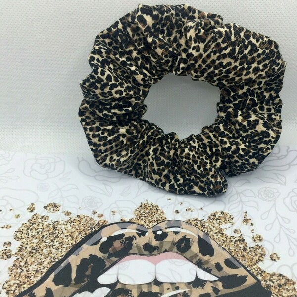 Υφασμάtινο λαστιχάκι scrunchie leopard - ύφασμα, animal print, μαλλιά, λαστιχάκια μαλλιών - 4