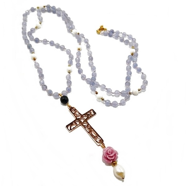 Romantic Rock rosary, μακρύ ροζάριο με σταυρό - ημιπολύτιμες πέτρες, μαργαριτάρι, σταυρός, μακριά, ροζάριο