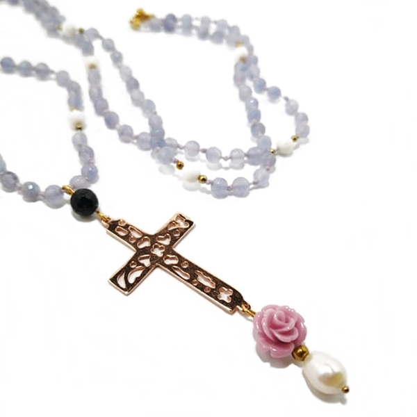 Romantic Rock rosary, μακρύ ροζάριο με σταυρό - ημιπολύτιμες πέτρες, μαργαριτάρι, σταυρός, μακριά, ροζάριο - 3