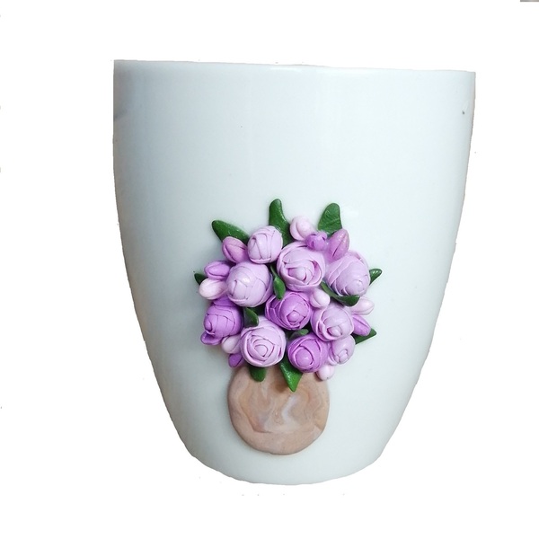 Τρισδιάστατη Χειροποίητη κούπα με πολυμερικό πηλό σχεδιο: Ανθοδέσμη με πεώνιες - δώρο, λουλούδια, πορσελάνη, κούπες & φλυτζάνια, πολυμερικό πηλό
