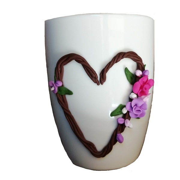 Τρισδιάστατη Χειροποίητη κούπα με πολυμερικό πηλό σχεδιο: Καρδιά στεφάνι με λουλούδια - δώρο, πορσελάνη, κούπες & φλυτζάνια, δώρα για γυναίκες, πολυμερικό πηλό