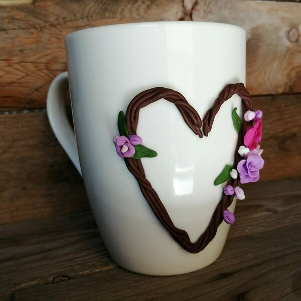 Τρισδιάστατη Χειροποίητη κούπα με πολυμερικό πηλό σχεδιο: Καρδιά στεφάνι με λουλούδια - δώρο, πορσελάνη, κούπες & φλυτζάνια, δώρα για γυναίκες, πολυμερικό πηλό - 2