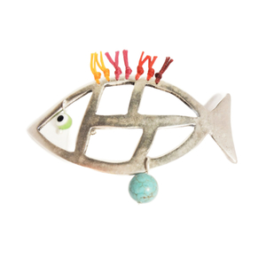 Καρφίτσα Ψάρι Ματάκι - κοράλλι, κερωμένα κορδόνια, τιρκουάζ, μαργαριτάρι, αλπακάς