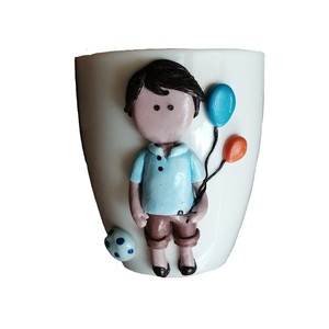 Τρισδιάστατη Χειροποίητη κούπα με πολυμερικό πηλό σχεδιο: Αγοράκι με μπαλόνια - κούπες & φλυτζάνια, πορσελάνη, πηλός, δώρο