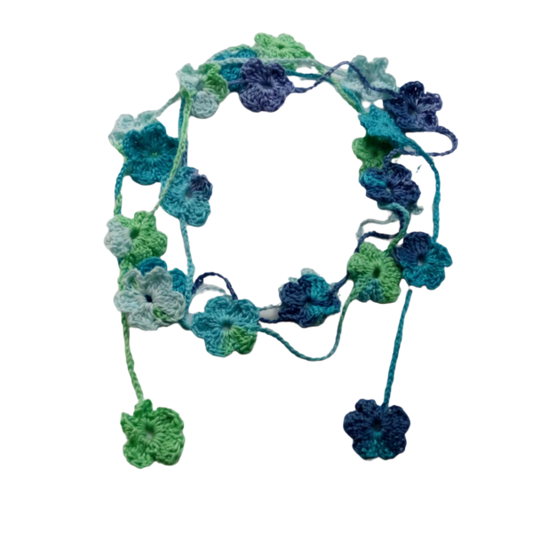 Κολιέ πλεκτά λουλούδια με βαμβακερό νήμα (μήκος 3μέτρα) - crochet, μακριά, πλεκτά κολιέ