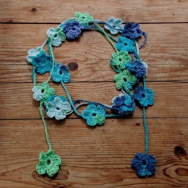 Κολιέ πλεκτά λουλούδια με βαμβακερό νήμα (μήκος 3μέτρα) - crochet, μακριά, πλεκτά κολιέ - 5