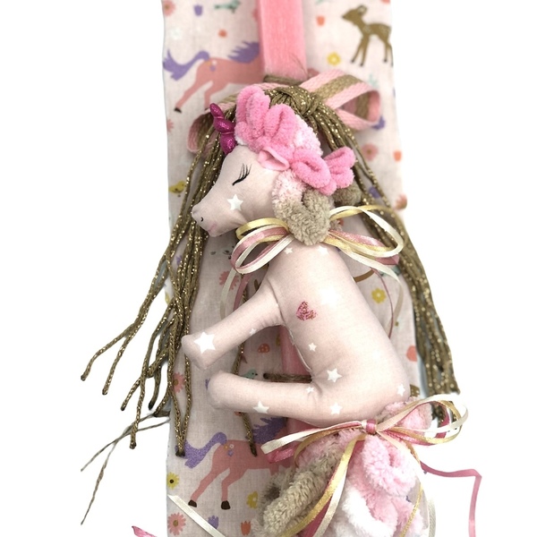 Λαμπαδα μονοκερος ροζ σε καδρακι με ύφασμα με τυπωμένους μονομερούς. - κορίτσι, λαμπάδες, μονόκερος, για παιδιά, για μωρά