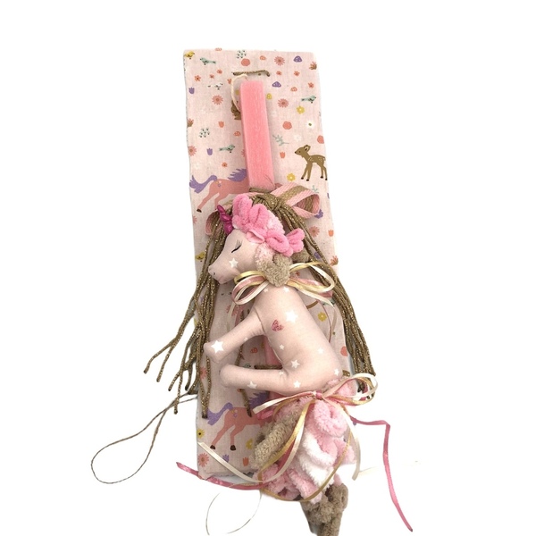 Λαμπαδα μονοκερος ροζ σε καδρακι με ύφασμα με τυπωμένους μονομερούς. - κορίτσι, λαμπάδες, μονόκερος, για παιδιά, για μωρά - 2