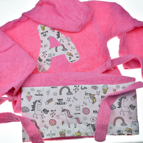 Ροζ παιδικό μπουρνούζι (2-14ετών) με μονόγραμμα, δείγματα - κορίτσι, δώρα για βάπτιση, παιδικά ρούχα - 4