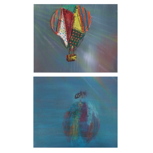 Καμβάς δίπτυχο "Αερόστατο"(30*25cm έκαστος) - ζωγραφισμένα στο χέρι, πίνακες & κάδρα, κορίτσι, αγόρι, αερόστατο, παιδικά κάδρα