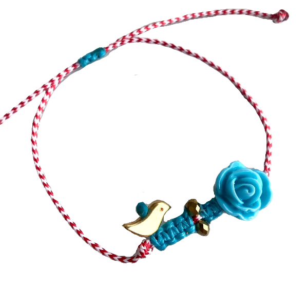 Βραχιόλι Μάρτης με επιχρυσωμένο πουλάκι και γαλάζιο τριαντάφυλλο - μαρτάκια, χεριού, αυξομειούμενα