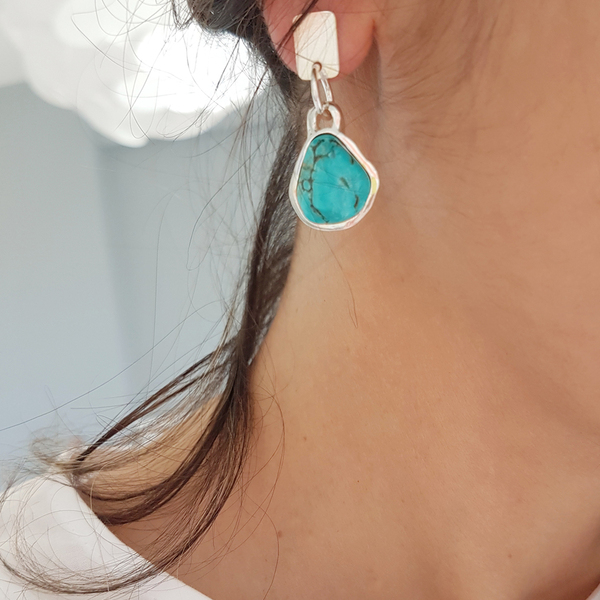 Ασημένια Κρεμαστά Σκουλαρίκια με Τυρκουαζ |Silver Statement Turquoise Earrings - ασήμι, κρεμαστά, μεγάλα, πολυέλαιοι - 4