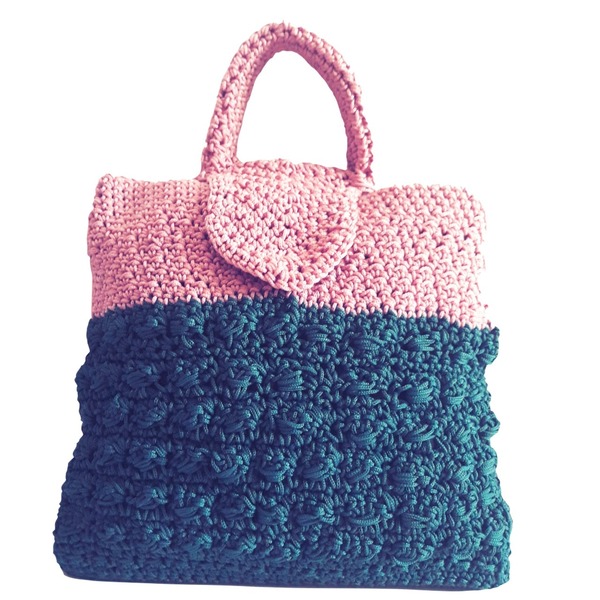 Τσάντα με βελονάκι , πετρολ κ ροζ χρώμα - clutch, all day, χειρός, πλεκτές τσάντες, μικρές