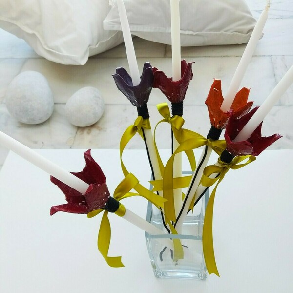Λαμπάδα, λουλούδι κόκκινο, κεράκι,χειροποίητη, χαρτοπολτός.0.40*0.05εκ. - λαμπάδες, χειροποίητα, λουλούδι, για ενήλικες, για εφήβους - 3