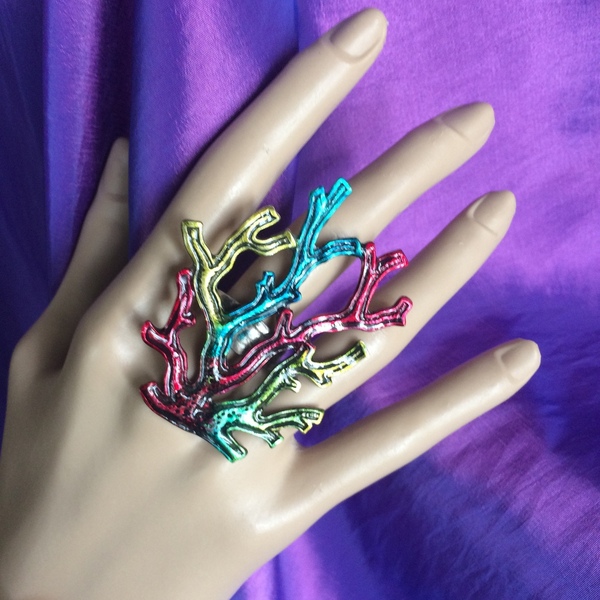 Χρωματισμένο δαχτυλίδι "Πολύχρωμο Φύκι" - αλπακάς, boho, μεγάλα, αυξομειούμενα, φθηνά - 2