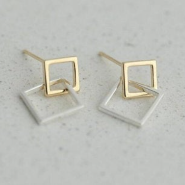 Σκουλαρίκια με δυο ενωμένα τετράγωνα - επάργυρα, καρφωτά, μικρά, boho
