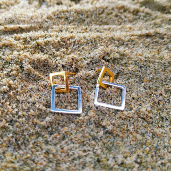 Σκουλαρίκια με δυο ενωμένα τετράγωνα - επάργυρα, καρφωτά, μικρά, boho - 2