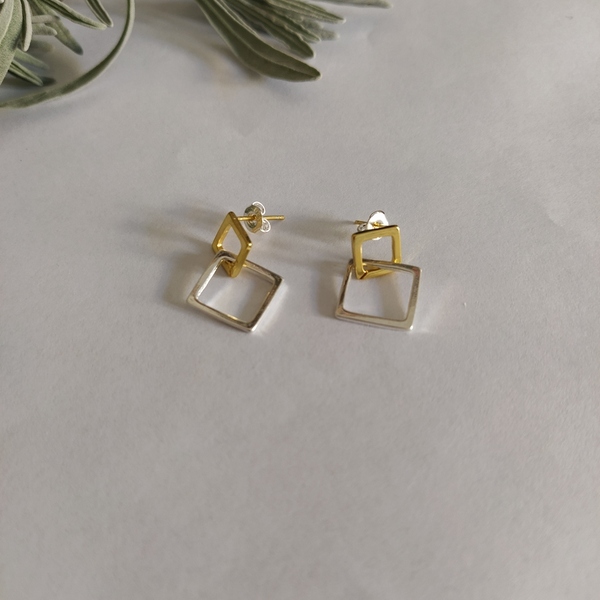 Σκουλαρίκια με δυο ενωμένα τετράγωνα - επάργυρα, καρφωτά, μικρά, boho - 3