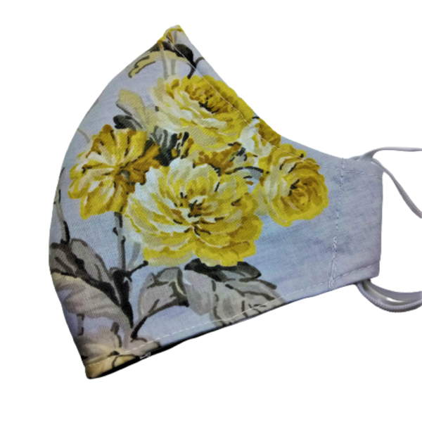Μάσκα προσώπου με έλασμα μύτης-Γκρι με κίτρινα λουλούδια - βαμβάκι, γυναικεία, ανδρικά, πλενόμενο, μάσκες προσώπου - 2