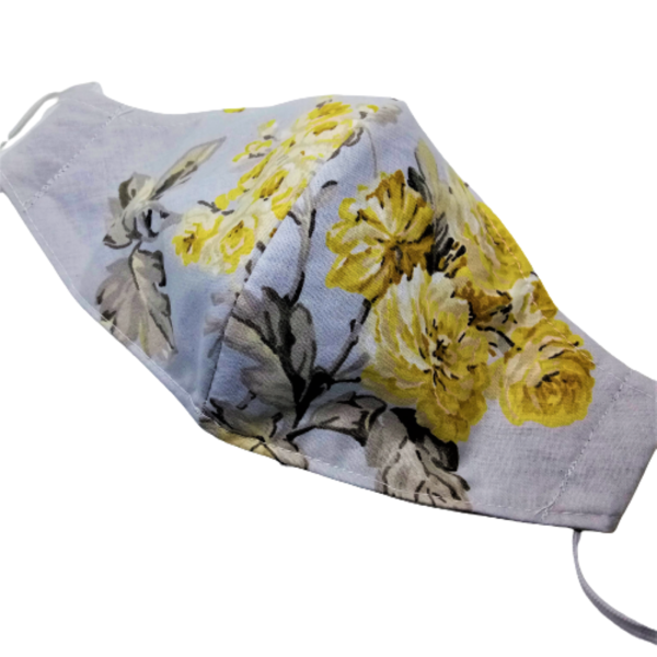 ΤΡΙΠΛΟ ύφασμα μάσκα προσώπου με έλασμα μύτης-Γκρι με κίτρινα λουλούδια - βαμβάκι, γυναικεία, ανδρικά, πλενόμενο, μάσκες προσώπου