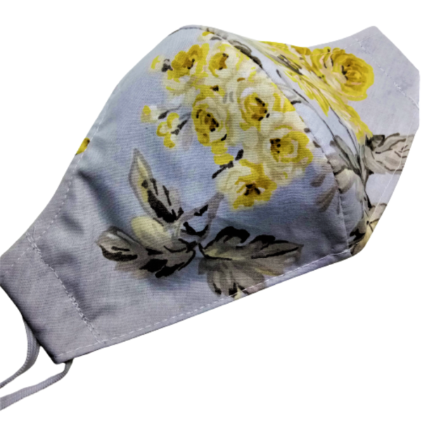 ΤΡΙΠΛΟ ύφασμα μάσκα προσώπου με έλασμα μύτης-Γκρι με κίτρινα λουλούδια - βαμβάκι, γυναικεία, ανδρικά, πλενόμενο, μάσκες προσώπου - 4