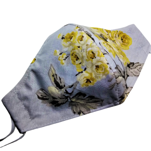 ΤΡΙΠΛΟ ύφασμα μάσκα προσώπου με έλασμα μύτης-Γκρι με κίτρινα λουλούδια - βαμβάκι, γυναικεία, ανδρικά, πλενόμενο, μάσκες προσώπου - 5