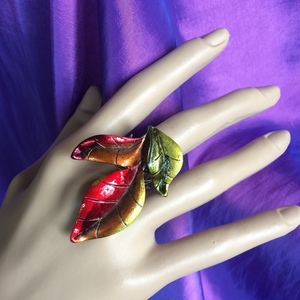 Χρωματισμένο δαχτυλίδι "Φύλλο" σε 3 χρώματα - ορείχαλκος, μεγάλα, αυξομειούμενα, φθηνά - 4