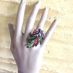 Χρωματισμένο δαχτυλίδι "Φύλλο" σε 2 παραλλαγές - ορείχαλκος, μεγάλα, αυξομειούμενα, φθηνά - 3