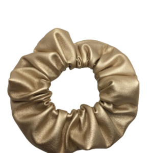Υφασμάτινο λαστιχάκι scrunchie δερματίνη light gold - ύφασμα, χρυσό, δερματίνη, λαστιχάκια μαλλιών - 3