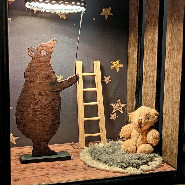 Ξύλινο χειροποίητο διακοσμητικό φωτιστικό με θέμα καφέ αρκούδα - κορίτσι, αγόρι, πορτατίφ, γενέθλια, δώρο για βάφτιση, παιδικά φωτιστικά - 4