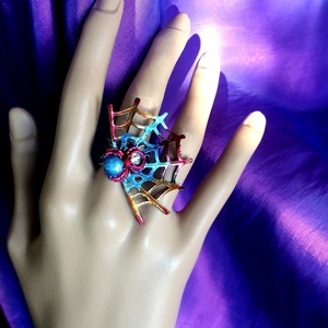 Χρωματισμένο Δαχτυλίδι ¨Αράχνη" - ορείχαλκος, boho, μεγάλα, αυξομειούμενα, φθηνά - 3