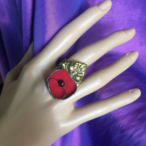 Δαχτυλίδι με δερμάτινο λουλούδι και μεταλλικό φύλλο ,2 χρώματα - δέρμα, ορείχαλκος, λουλούδι, boho, μεγάλα, αυξομειούμενα - 2