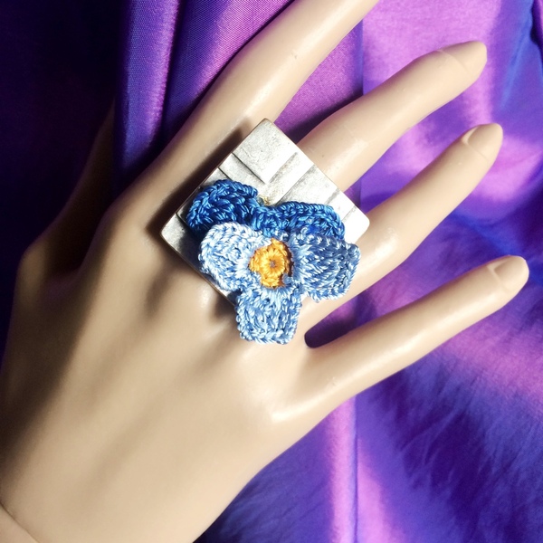 Μεγάλο δαχτυλίδι "Knit Metal" τετράγωνο με πανσέ , 3 χρώματα - αλπακάς, boho, μεγάλα, αυξομειούμενα, φθηνά - 3