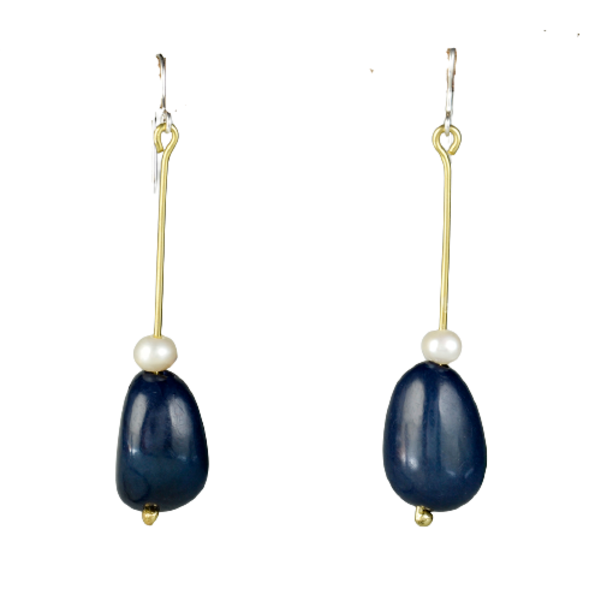 Χειροποίητα σκουλαρίκια tagua (φυτικού ελεφαντόδοντου) σε χρώμα μπλε σκούρο - ασήμι, μαργαριτάρι, ορείχαλκος, μακριά, κρεμαστά