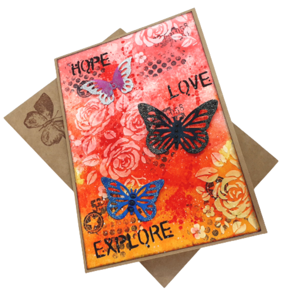 Κάρτα mixed media με πεταλούδες - πεταλούδα, γενέθλια, πεταλούδες, γενική χρήση