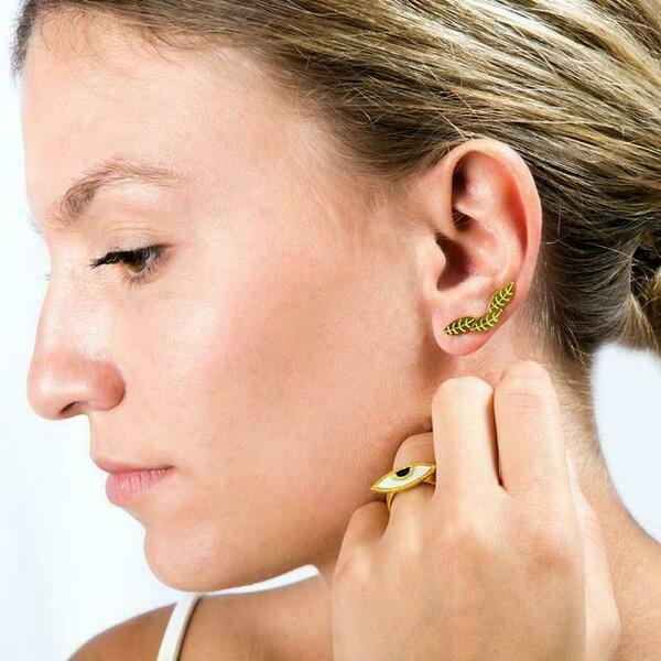 Ear cuffs χρυσά σκουλαρίκια φύλλα Ear climber earrings σε ασήμι 925 - statement, ασήμι, σταγόνα, επάργυρα, γεωμετρικά σχέδια, φύλλο, romantic, minimal, μικρά, boho, ethnic - 5