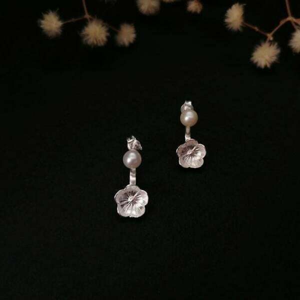 Ασημένια σκουλαρίκια μαργαριτάρια λουλούδι ear jacket earrings pearl - ασήμι, επιχρυσωμένα - 4