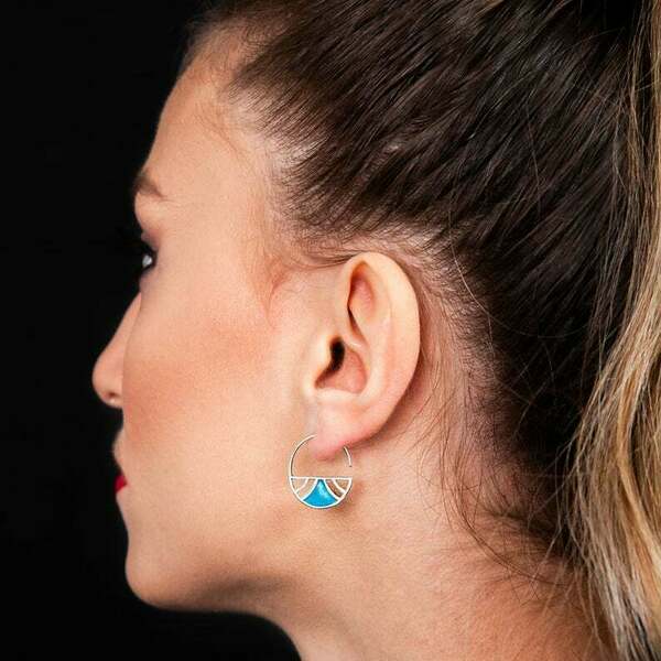 Τυρκουάζ boho σκουλαρίκια μισοί κρίκοι με σμάλτο double sided hoop earrings - ασήμι, γεωμετρικά σχέδια, κρίκοι, boho